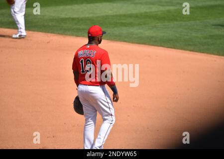 Kennys Vargas at first base for the Minnesota Twins on an August 31, 2017, game day at Target Field in Minneapolis. Stock Photo