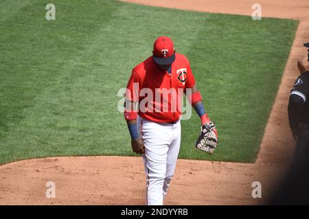 Kennys Vargas at first base for the Minnesota Twins on an August 31, 2017, game day at Target Field in Minneapolis. Stock Photo