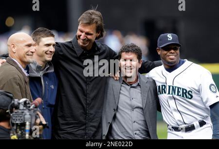 Seattle Mariners, from left, Dan Wilson, Ichiro Suzuki, Raul