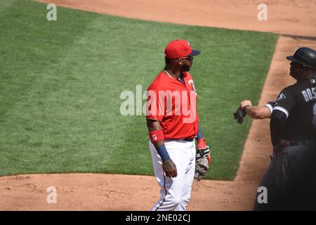 Kennys Vargas at first base for the Minnesota Twins on an August 31, 2017, game day at Target Field in Minneapolis. Stock Photo