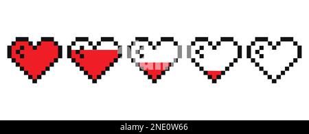 Pixel heart life bar set vector illustration. Heart in 8 bit style. Pixel heart icon. Stock Vector