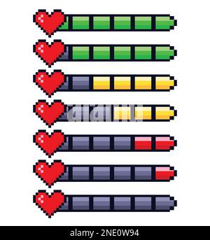 Pixel heart life bar set vector illustration. Heart in 8 bit style. Pixel game icons in retro style. Stock Vector