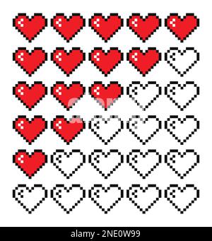 Pixel heart life bar set vector illustration. Heart in 8 bit style. Pixel heart icon. Stock Vector