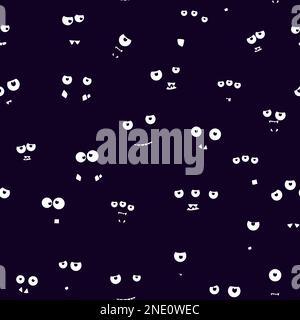 Black background with eyes. Seamless vector pattern. Cartoon emoticon faces in night Stock Vector
