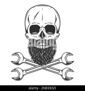 Skull with mustache with beard and body shop repair car and truck mechanic service tool crossed spanner or construction for gas and builder plumbing Stock Photo