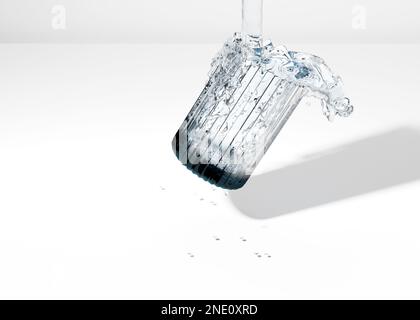 A 3d illustration of a Tilted half full glass with filling fresh water on a Levitating in the air Stock Photo