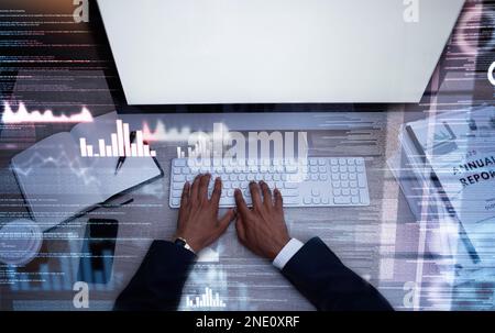 Hands, keyboard and typing on screen, mockup and fintech and digital transformation, code and futuristic overlay. Analytics, graph and work night with Stock Photo