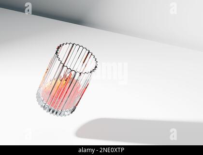 A 3d illustration of juice filling on Tilted ribbed glass Levitating in the air with white background Stock Photo