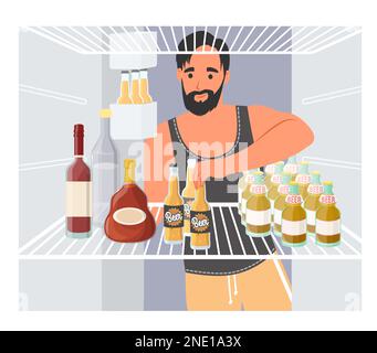 Man taking beer from opened refrigerator vector Stock Vector