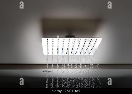Water flows from the tropical shower. Large water consumption. Chrome shower head, modern design Stock Photo