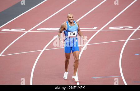 AUG 06, 2021 - Tokyo, Japan: Marcell JACOBS of Italy reacts to winning the Gold Medal in the Athletics Men's 4 x 100m Relay Final at the Tokyo 2020 Olympic Games (Photo: Mickael Chavet/RX) Stock Photo