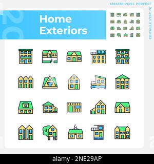Home exteriors pixel perfect RGB color icons set Stock Vector