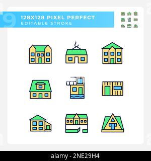 Suburban real estate pixel perfect RGB color icons set Stock Vector