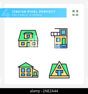 Vacation property pixel perfect RGB color icons set Stock Vector