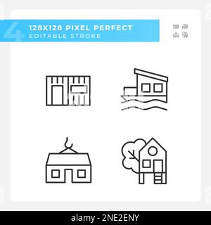 Compact houses pixel perfect linear icons set Stock Vector