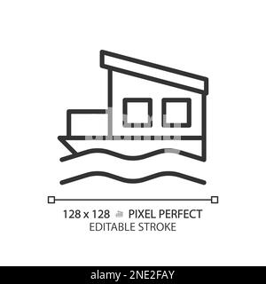 Houseboat pixel perfect linear icon Stock Vector