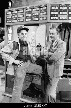 Hutton with Actor Robert Vaughn who plays Richard Whitney, acting press of the New York stock exchange on the set of TV movie ?The Day the Bubble Burst? about the crash of the stock market on Oct. 29, 1929. (AP Photo/Wally Fong)