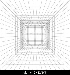 Room, hall, studio or portal wireframe in perspective. Box grid structure. Mesh in 3D dimension. Engineering, architecting or technical scheme Stock Vector