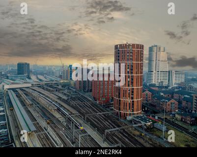 Leeds, West Yorkshire, England, Leeds train station and City Centre aerial view looking towards Bridgewater Place, retail, offices and apartments Stock Photo