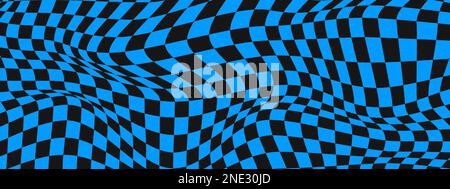 Distorted chess board background. Psychedelic pattern with warped black and blue squares. Trippy checkerboard texture. Checkered optical illusion Stock Vector