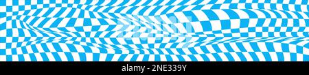 Distorted blue and white chessboard background. Chequered optical illusion effect. Psychedelic pattern with squares. Warped checkerboard texture Stock Vector