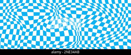 Psychedelic pattern with warped blue and white squares. Distorted chess board background. Checkered optical illusion effect. Trippy checkerboard Stock Vector