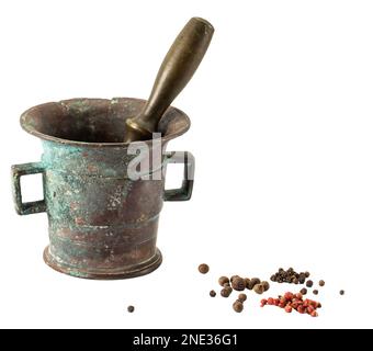 old bronze mortar for pepper isolate on white background. Stock Photo
