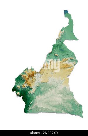 Cameroon. Highly detailed 3D rendering of shaded relief map with rivers and lakes. Colored by elevation. Created with satellite data. Stock Photo