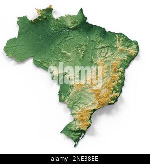 Brazil. Highly detailed 3D rendering of shaded relief map with rivers and lakes. Colored by elevation. Created with satellite data. Stock Photo