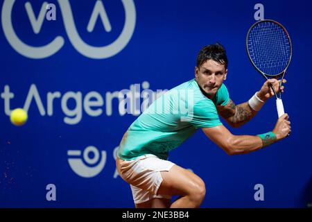 Buenos Aires, Argentina. 15th Feb, 2023. Camilo Ugo Carabelli of Argentina in action during round sixteen singles of the ATP 250 Argentina Open 2023 match against Dusan Lajovic of Serbia at Buenos Aires Lawn Tennis Club. Final score; Camilo Ugo Carabelli 0:2 Dusan Lajovic Credit: SOPA Images Limited/Alamy Live News Stock Photo