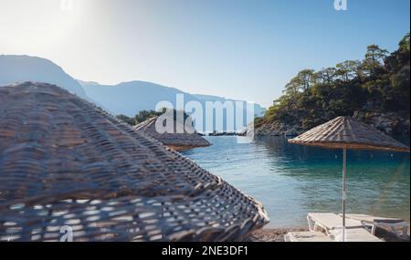 Oludeniz beach is Blue Flag coast is best beaches in Turkey, Fethiye Mugla province. autumn vibe without people. Stock Photo