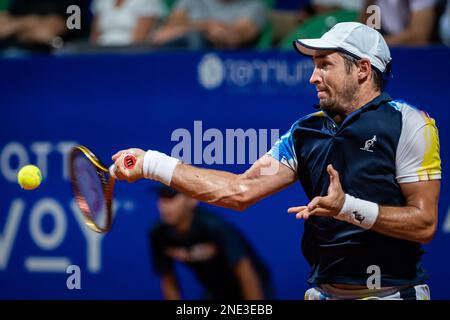 Dusan Lajovic of Serbia in action during round sixteen singles of the ATP 250 Argentina Open 2023 match against Camilo Ugo Carabelli of Argentina at Buenos Aires Lawn Tennis Club. Final score; Camilo Ugo Carabelli 0:2 Dusan Lajovic (Photo by Manuel Cortina / SOPA Images/Sipa USA) Stock Photo