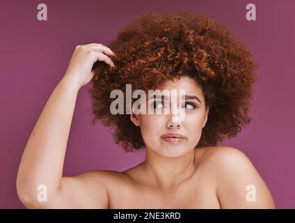 Woman stress, hair loss or afro on beauty studio background in grooming, texture anxiety or fail. Model, hand or natural hairstyle with damage, split Stock Photo