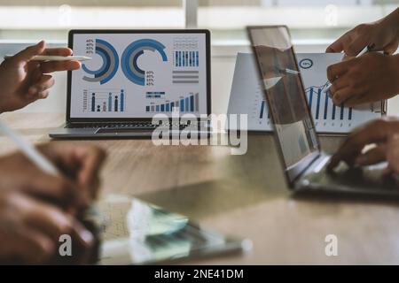 businessman works  Statistics Data Dashboard Information Business Technology and Strategy Research Stock Photo