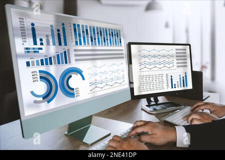 businessman works  Statistics Data Dashboard Information Business Technology and Strategy Research Stock Photo