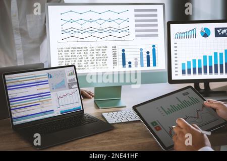 businessman works  Statistics Data Dashboard Information Business Technology and Strategy Research Stock Photo