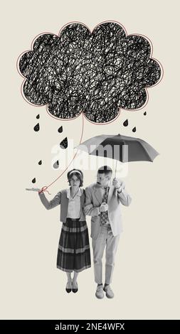 Contemporary art collage. Couple walking under umbrella. Woman suffering from obsessive thoughts. Difficulties in relationships. Manipulation Stock Photo