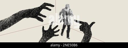 Contemporary art collage. Senior man suffering from hidden illusory fears. Human hands silhouettes scaring mature person Stock Photo