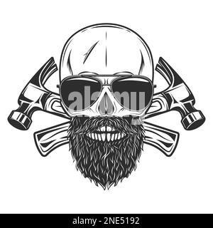 Skull with mustache and beard and sunglasses builder crossed hammers from new construction and remodeling house business in monochrome vintage style Stock Photo