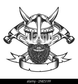 Viking skull with mustache and beard and horned helmet builder crossed hammers from new construction and remodeling house business in monochrome Stock Photo