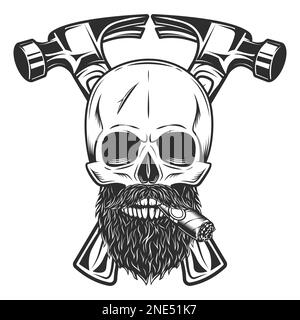 Skull smoking cigar or cigarette with mustache and beard and builder crossed hammers from new construction and remodeling house business in monochrome Stock Photo