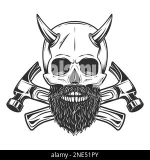 Skull with horn with mustache and beard with builder crossed hammers from new construction and remodeling house business in monochrome vintage style Stock Photo