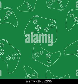 Seamless pattern of game controllers. Vector illustration in hand-drawn outline flat style on green background Stock Vector