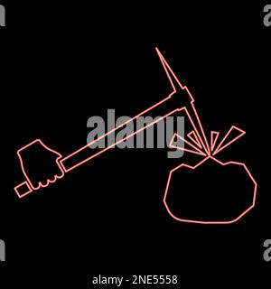 Neon pickaxe mining beats stones flying Holding in hand red color vector illustration image flat style light Stock Vector
