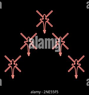 Neon group of combat helicopters military concept chopper in air army red color vector illustration image flat style light Stock Vector