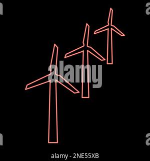 Neon wind generators turbine power Windmill clean energy concept red color vector illustration image flat style light Stock Vector