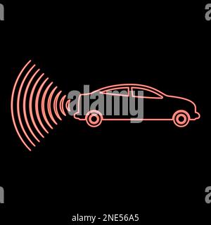 Neon car radio signals sensor smart technology autopilot back direction red color vector illustration image flat style light Stock Vector
