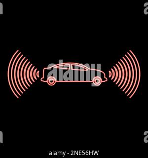 Neon car radio signals sensor smart technology autopilot front and back direction red color vector illustration image flat style light Stock Vector