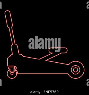 Neon lifting jack hydraulic car on wheels auto repair service red color vector illustration image flat style light Stock Vector
