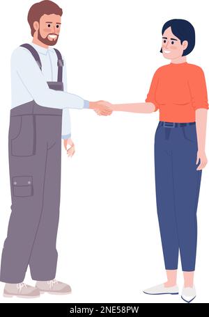 Maintenance technician and female client shaking hands semi flat color vector characters Stock Vector